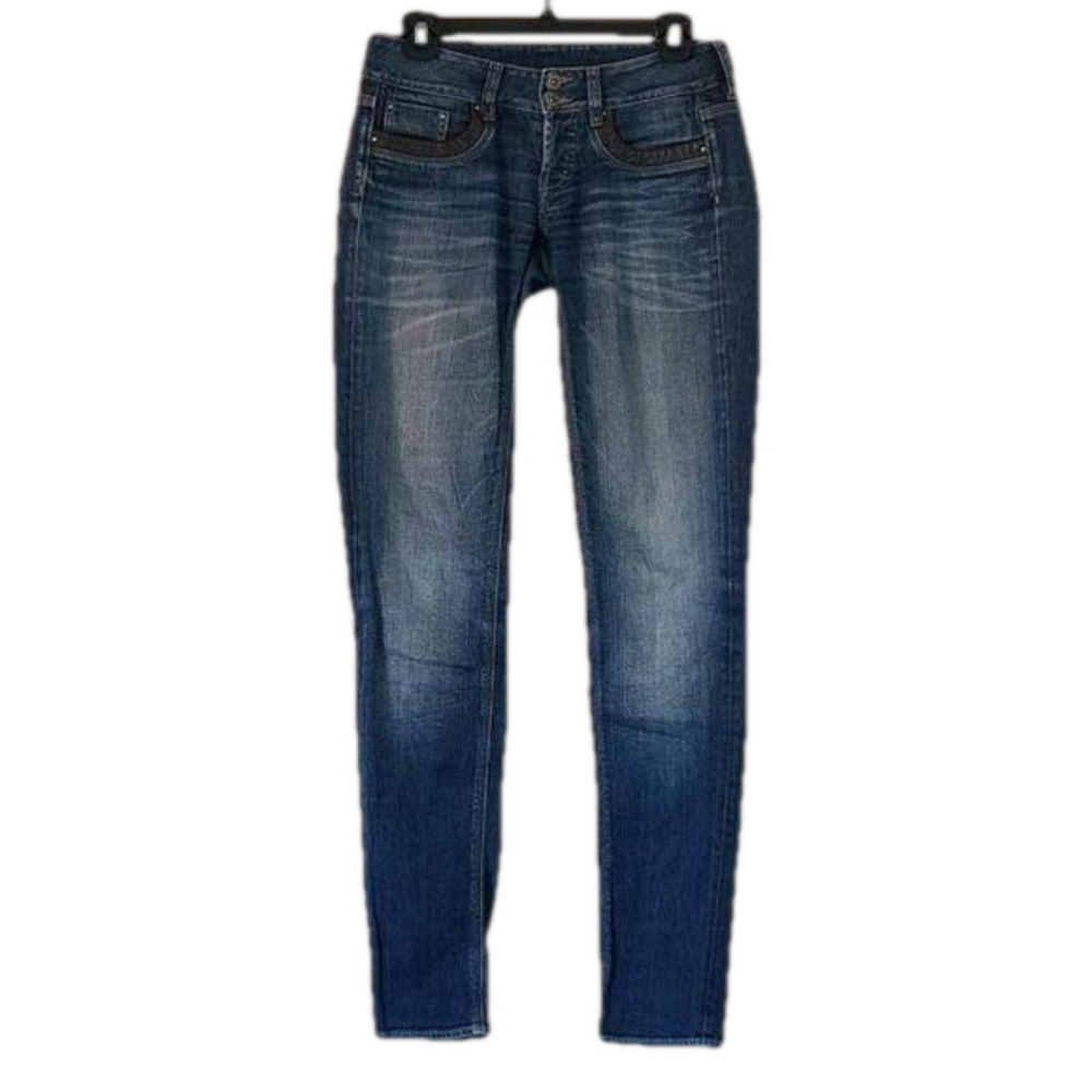 Chevignon Women's Blue Leather Trim Whisker Faded Skinny Jeans Size 4 / 8 Colomb